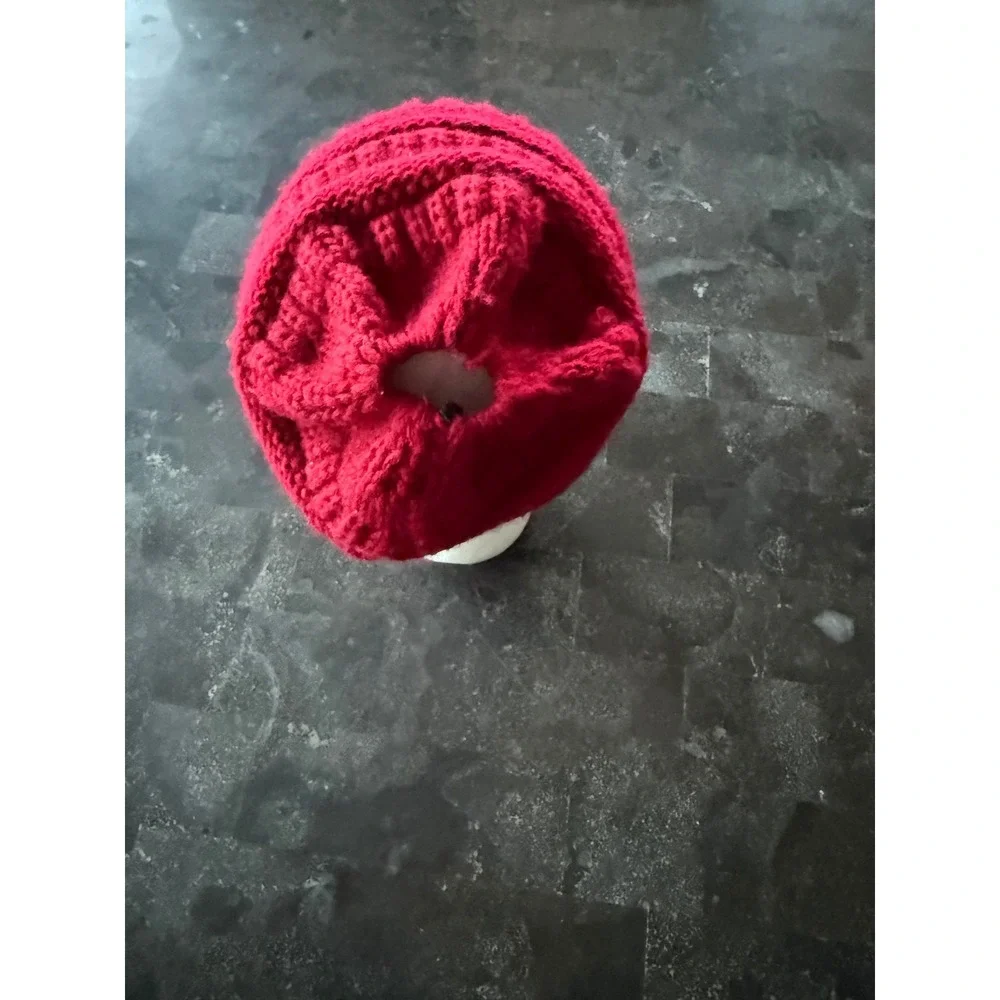 Red CC Slouchy Beanie Hat Pony Tail Cut‎ Out Knit Cuffed Logo Patch Winter Warm